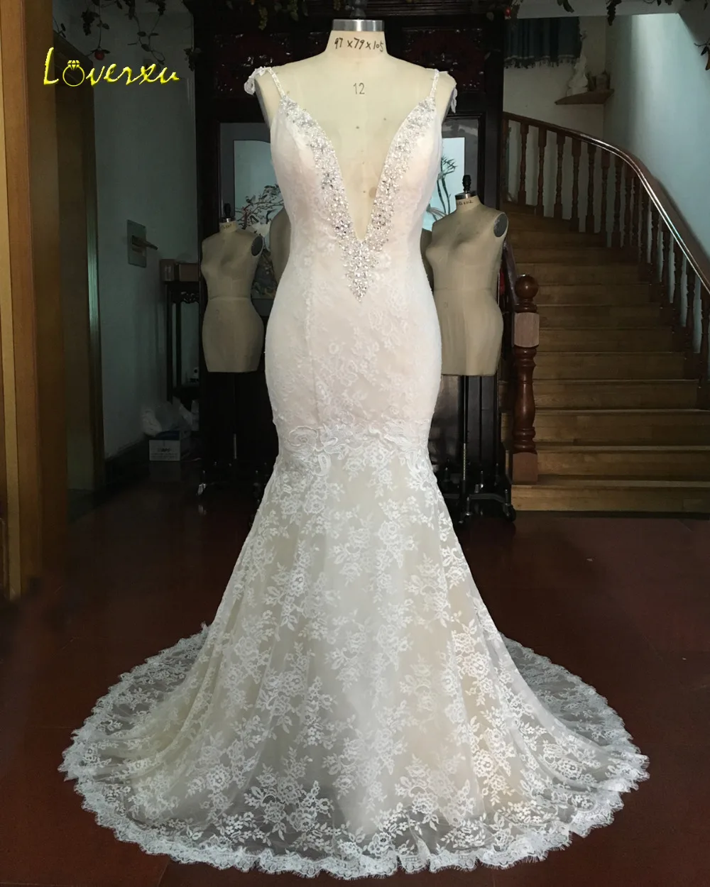 Loverxu Vestido De Noiva Sexy Глубокий V средства ухода за кожей шеи кружево Русалка Свадебные