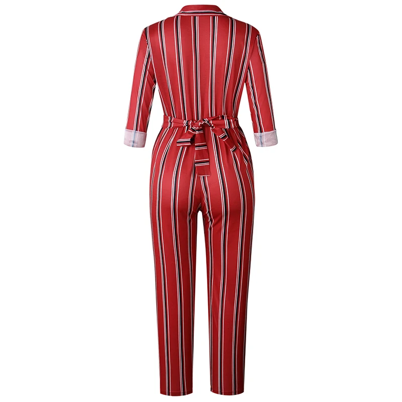 Missufe Notched Striped Women Jumpsuits With Blelt Lace Up Overalls Female Rompers Slim Playsuit Long Sleeve Bodysuits For | Женская