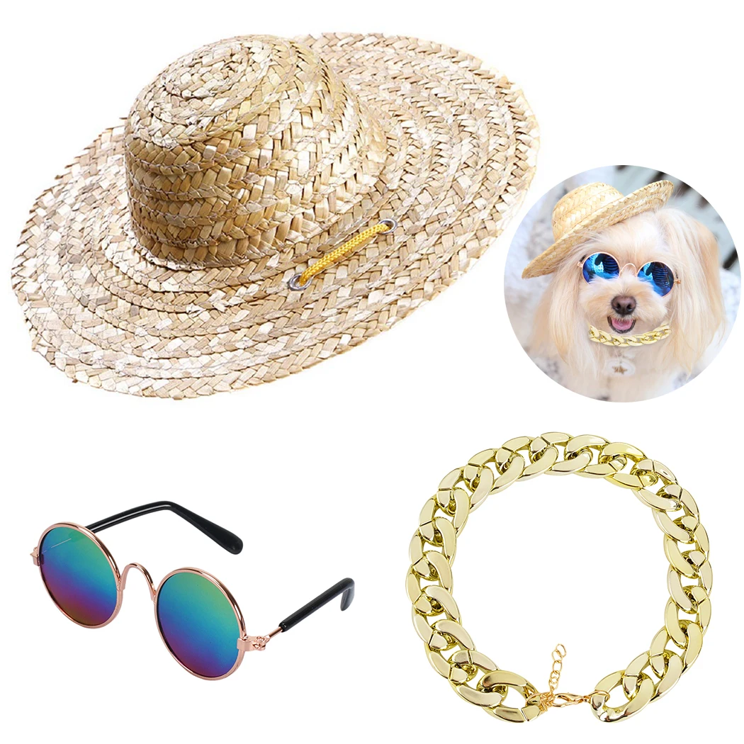 Dog Straw Hat Fashion Manual Weaving Straw Adjustable Pet Hat Dog Hat With Sunglasses Necklace Pet Clothing Accessories Set