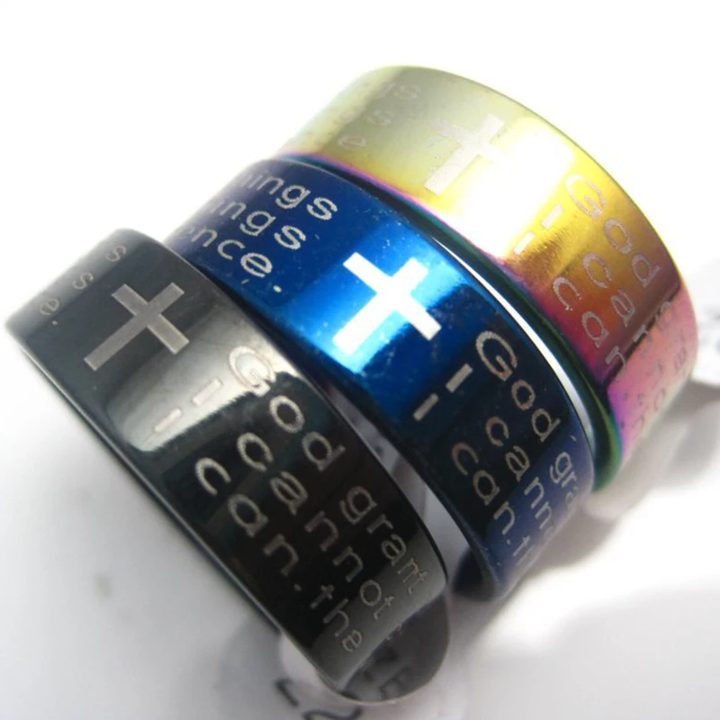 

Wholesale 100 pieces god cross rings The Serenity Prayer English Jesus Bible black blue multicolor stainless steel band Jewelry