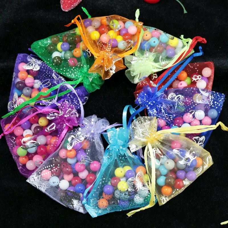 100PCS Organza Bags Silver Butterfly Design Wedding Pouches Jewelry Packaging Bags Christmas Halloween Gift Bags 7x9cm 9x12cm