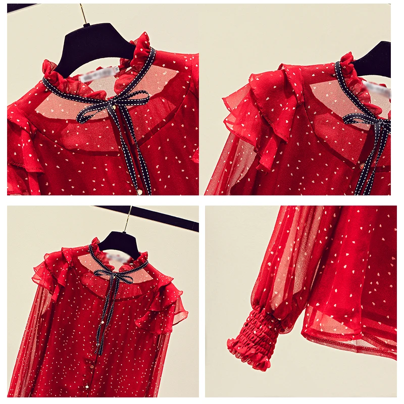 MUMUZI для женщин в красный горошек Блузка сложного кроя с принтом топы длинными