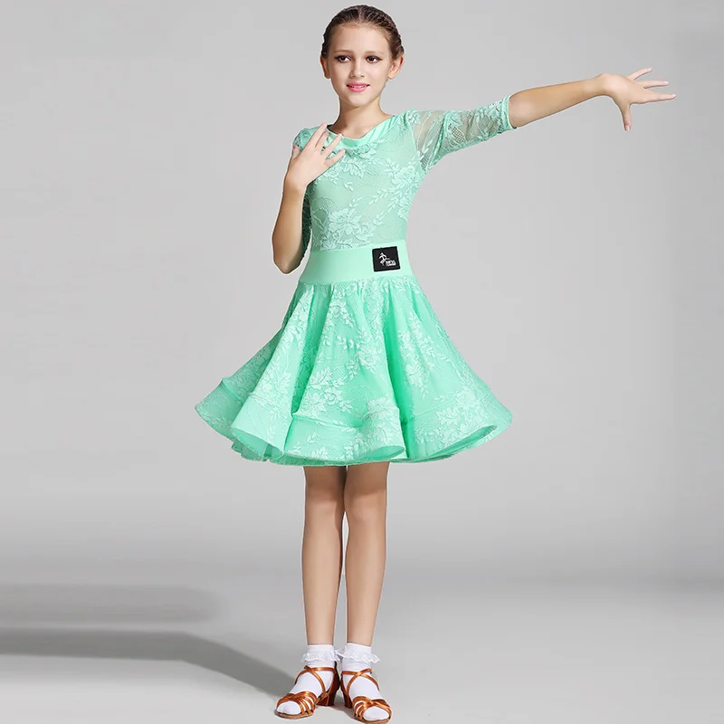 light green Кружевное платье для латинских танцев из молочного шелка для девочек детская одежда для бальных танцев сальсы Детские вечерние костюмы сценическая одежда с длинными рукавами - Цвет: light green