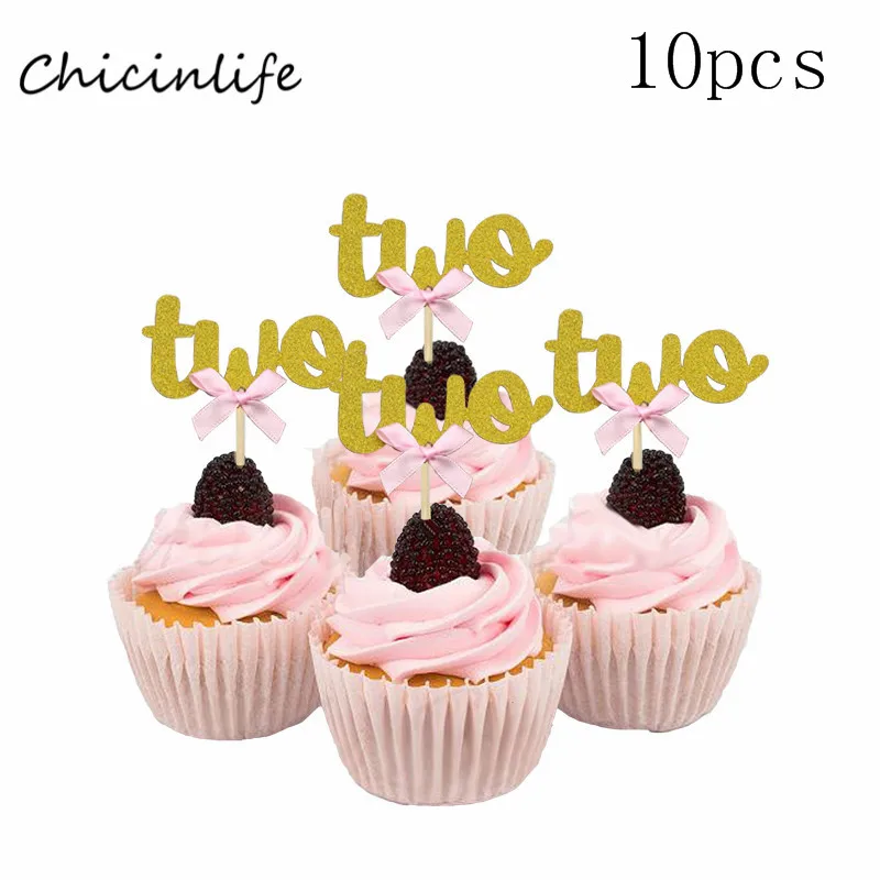 Chicinlife 10 шт. два украшения для капкейков 2nd День Рождения украшения 2 украшения для кексов напиток соломы юбилей поставки - Цвет: gold two