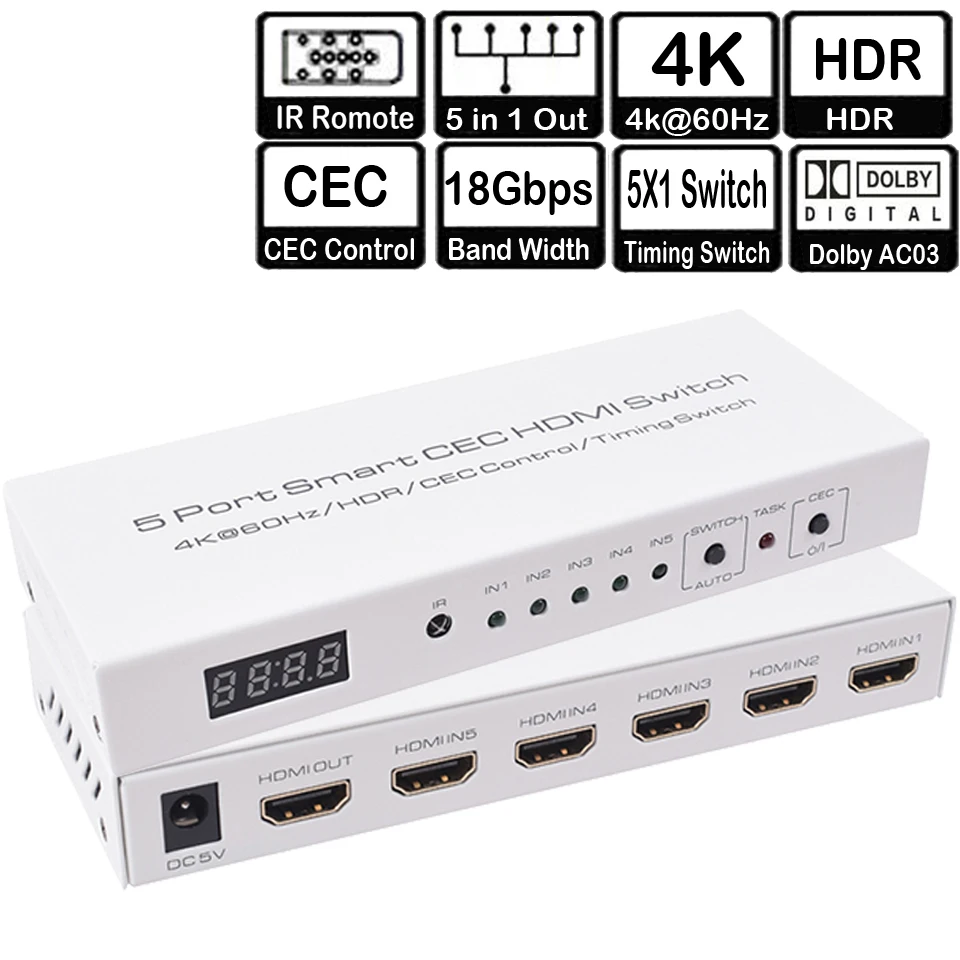 4 к* 2 к 5 в 1 выход HDR HDMI адаптер переключатель 5 портов Smart CEC HDMI переключатель синхронизации с IR Romote Dolby DTS HD LPCM для HDTV PS3 PS4