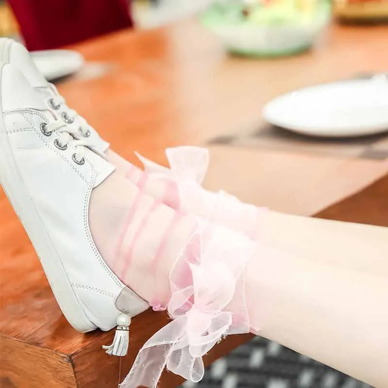 Женские блестящие сетчатые серебристая лента носки с бантом мягкие прозрачные