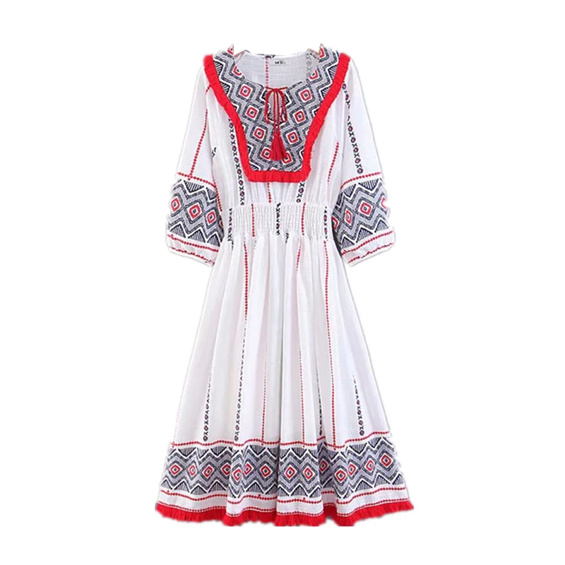 white Винтажное шикарное платье бохо из льна и хлопка с цветочной вышивкой, Пляжное богемное платье миди с кисточками, летнее платье - Цвет: white