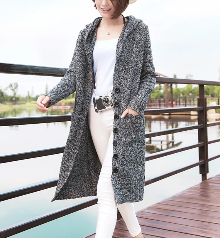 Korean version of the ride in long hooded single-breasted large pocket women sweater thickened long-sleeved cardigan 17179 |