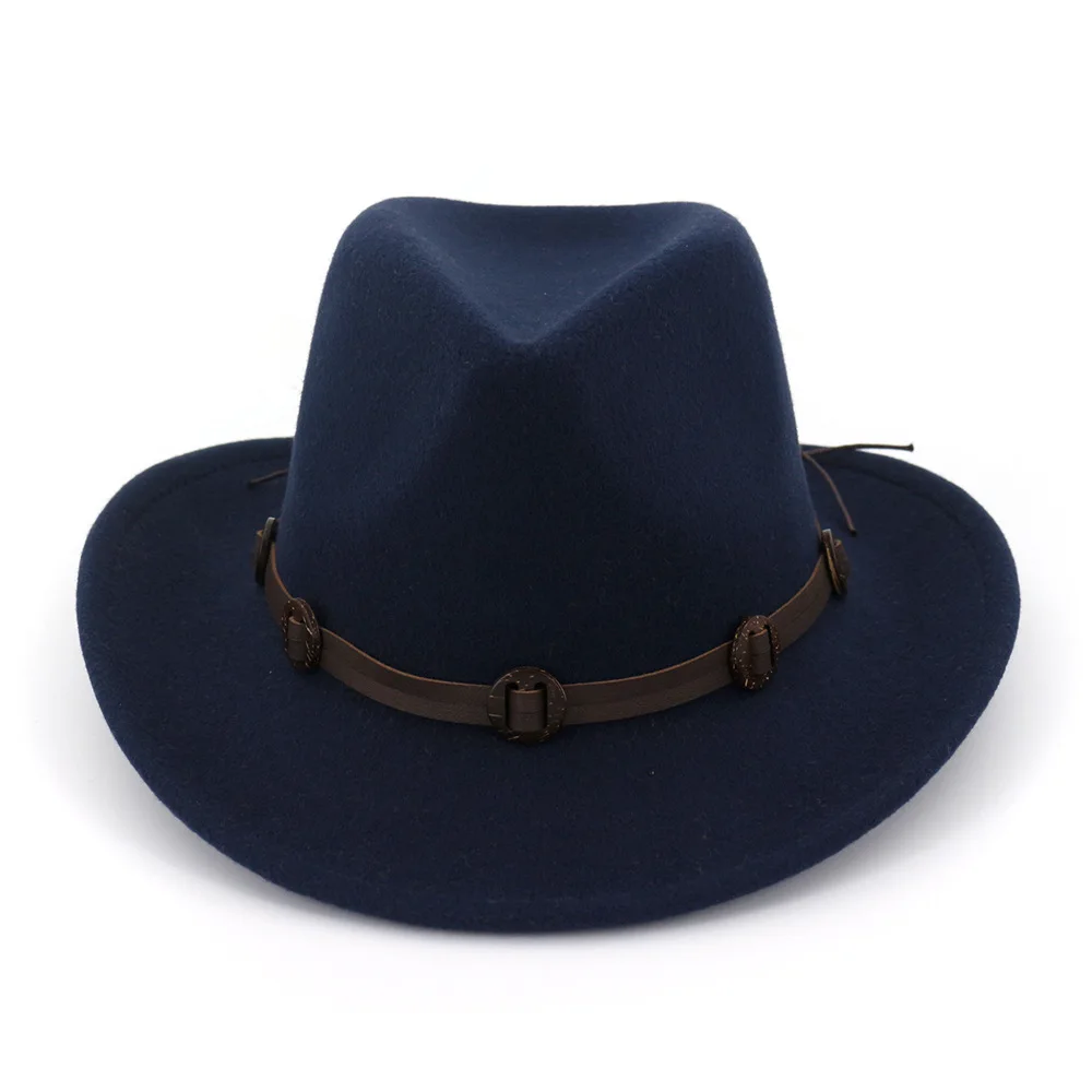 6 цветов Jazz Fedora Sunhat для мужчин и женщин фетровые шапки резинка с тесьмой западная ковбойская шляпа черная Трилби Bowler шляпа для унисекс AE0001 - Цвет: Navy Blue