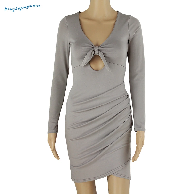 Новое летнее серое сексуальное платье с v образным вырезом и длинными рукавами на