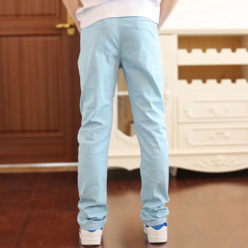 light blue От 4 до 18 лет штаны для мальчиков повседневные однотонные прямые штаны из хлопка для мальчиков, детские штаны с эластичной резинкой на талии для мальчиков 110-180, высокое качество - Цвет: light blue