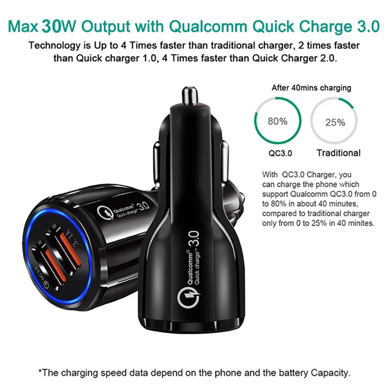 30 Вт макс QC3.0 QC2.0 dual USB быстрой автомобильное зарядное устройство для телефонов