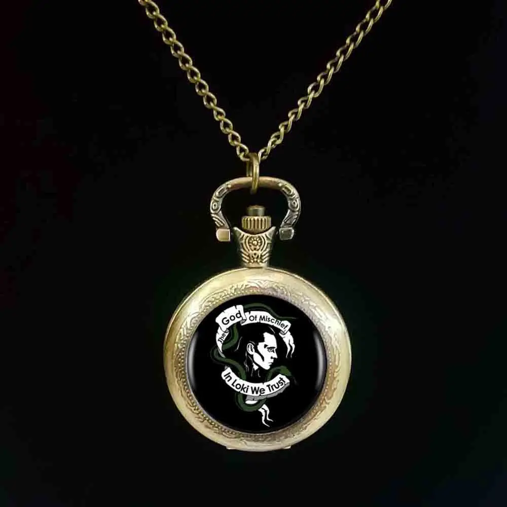 

1pcs/lot 2017 Fashion Loki God Of Mischief Logo pocket watch Art Handmade Resin Black Chain pocket watch Women Jewelry