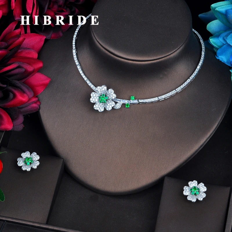 

HIBRIDE Elegant Green Flower Bridal Dubai Jewelry Sets Micro CZ Pave By Hand Necklace Set Beauty Jewelry Party Gifts N-570