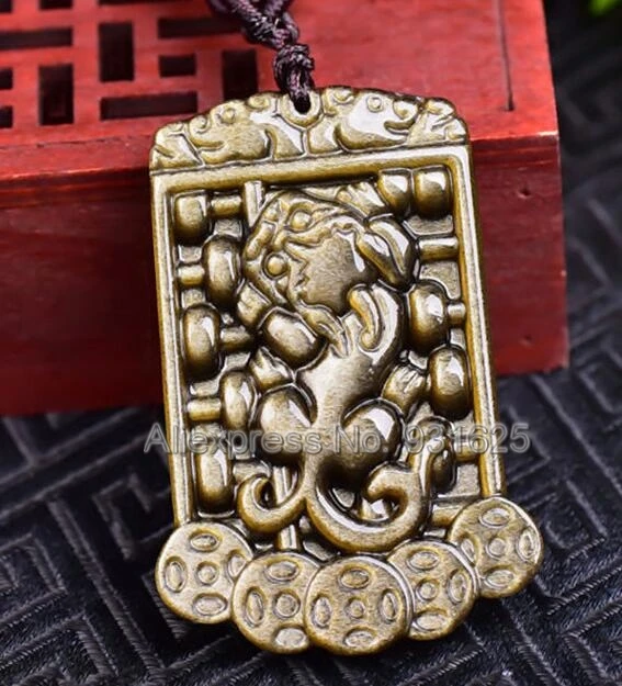 

Красивый натуральный Золотой обсидиан, ручная работа, резной амулет PiXiu в виде монет Абака + черные бусы, ожерелье, модные ювелирные изделия