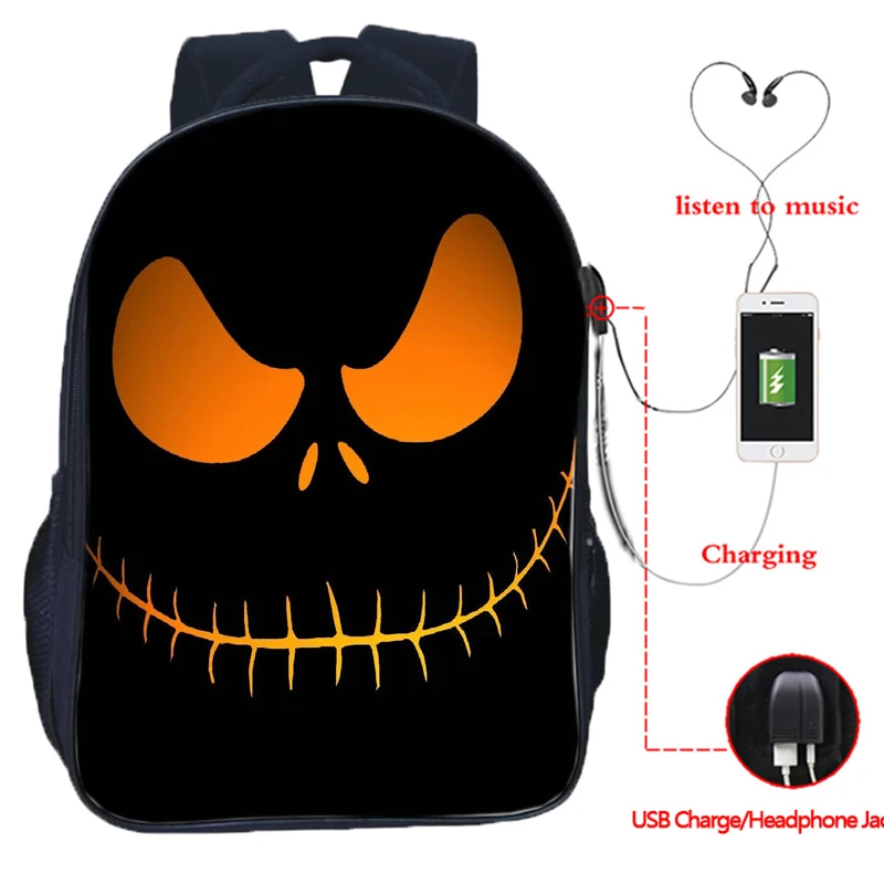 The Nightmare Before Christmas Backpack USB Charging Backpack Jack Skellington School Bag Backpacks Multifunctional Travel Bags - Цвет: 17