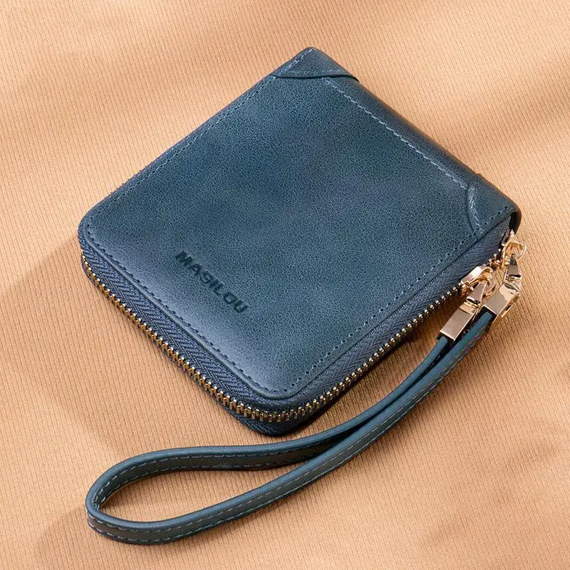 Синий Women's Wallets Vintage Oil Wax Leather Short Wallet Genuine Leather Women Wallet Zipper Small Purse Female Mini Slim Coin Purse - Цвет: Синий