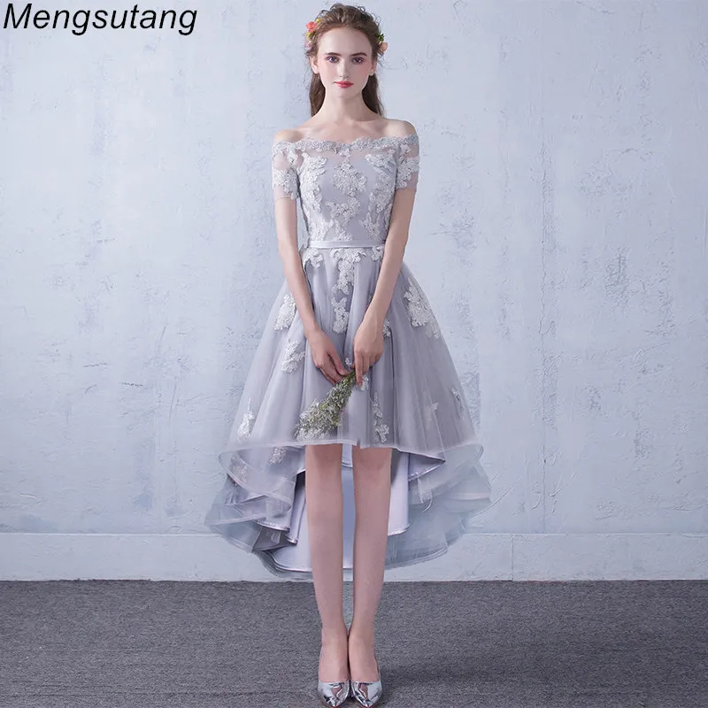 Robe de soiree/серое вечернее платье с вырезом лодочкой на шнуровке коротким передом и