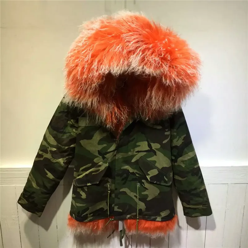 Thick warm winter women coats Mongolia Sheep Fur camouflage parka wool Mr Mrs orange with white lamb fur jacket | Женская одежда