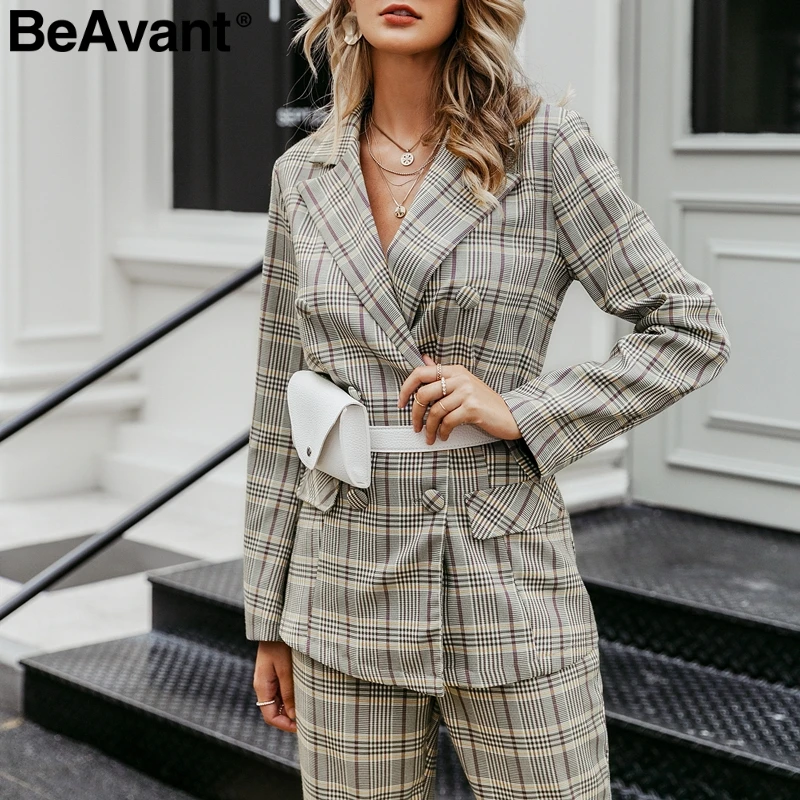 

BeAvant Double breasted plaid blazer women Long sleeve casual office ladies blazers coat Button streetwear female blazer jacket