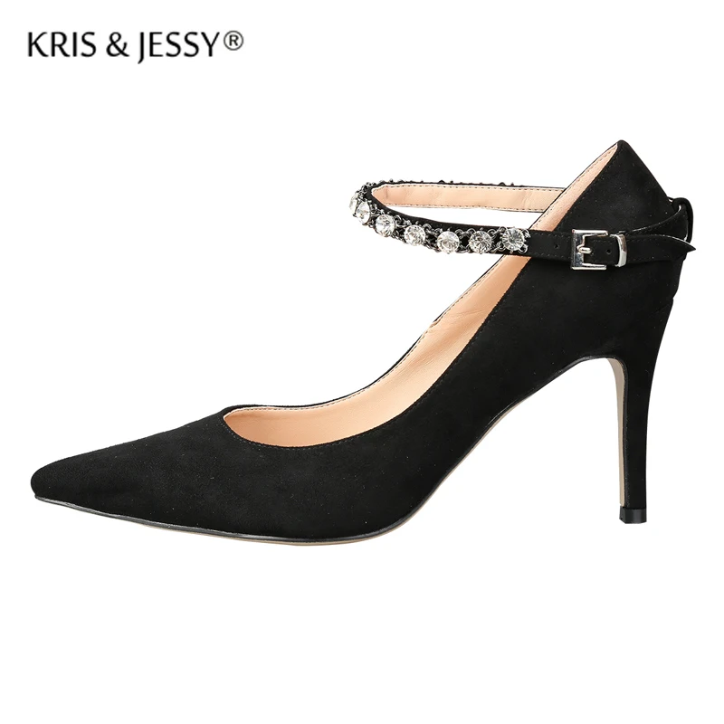 

New Spring Autumn Black Cow Suede 8cm High Heels Women Mary Jane Shoes Crystal Chains Ankle Strap Shallow Toe Woman Pumps