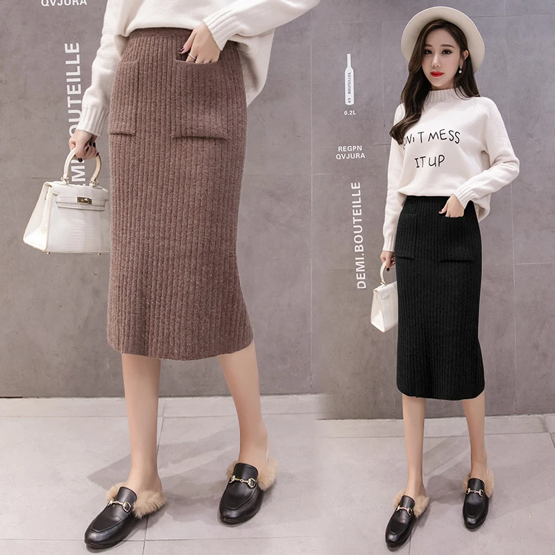 

Lucyever Autumn Women Knitted Skirt Vintage Elastic High Waist Winter Warm Female Midi Skirt Pocket Harajuku Solid Color Faldas