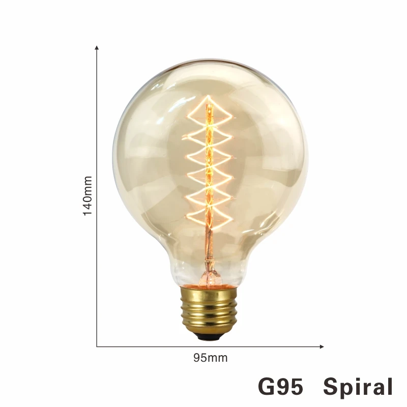 G95 spiral LARZI Винтаж Эдисон лампы E27 подвесной светильник в стиле ретро 220 В 40 Вт накаливания светильник A19 A60 ST64 T10 T45 T185 G80 G95 нити светильник лампочка - Цвет: G95 spiral