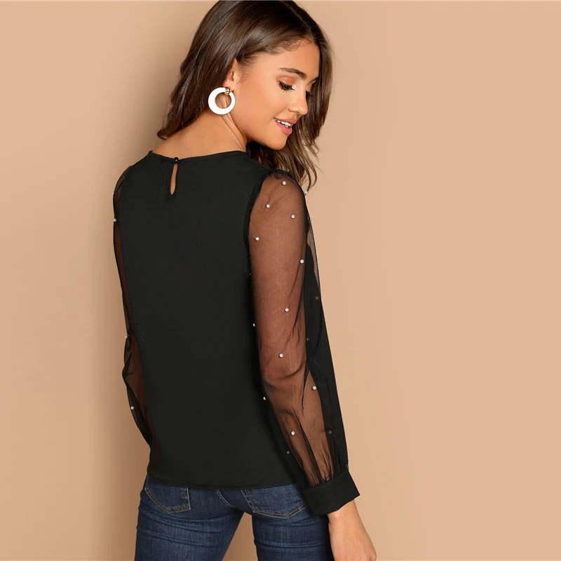 SHEIN Топ С Сетчатым Рукавом С Бусинами Женская Летняя Черная Элегантная Блузка С Длинными Рукавами