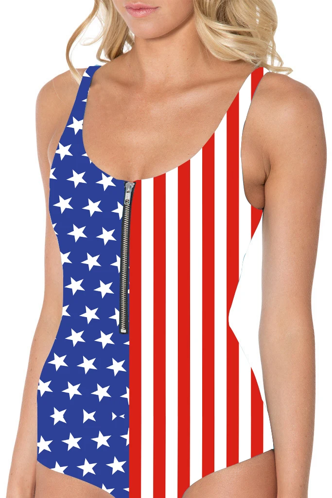 

S To 3XL US DOLLAR Cash Printed Swimming Suit For Women American Flag Blue-Red One Piece Swimsuit With Zipper 4 Patterns