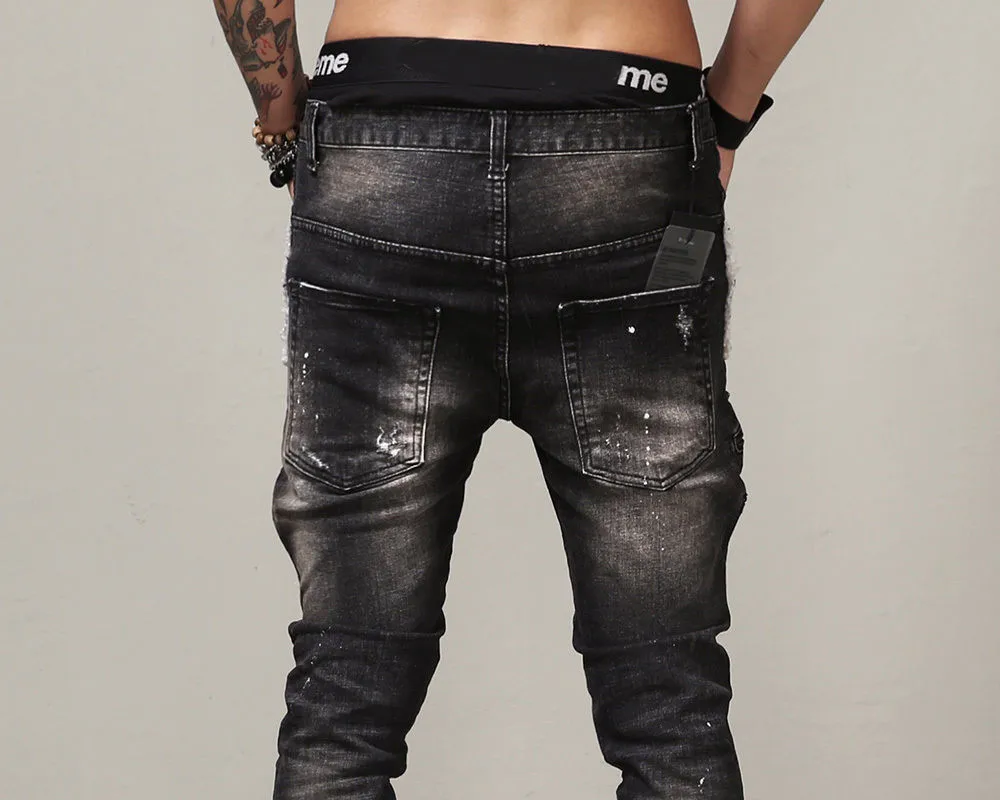 Уличные Джинсы Мужчин Slim Fit Хип-Хоп Мужские Прямые Улице Жан Мужчины Черный Патч