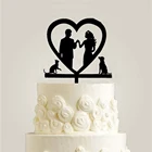 Семейный свадебный торт Топпер, пара с котом и собакой силуэт торт Топпер, невеста и жених Стиль Свадебный декор торт Топпер