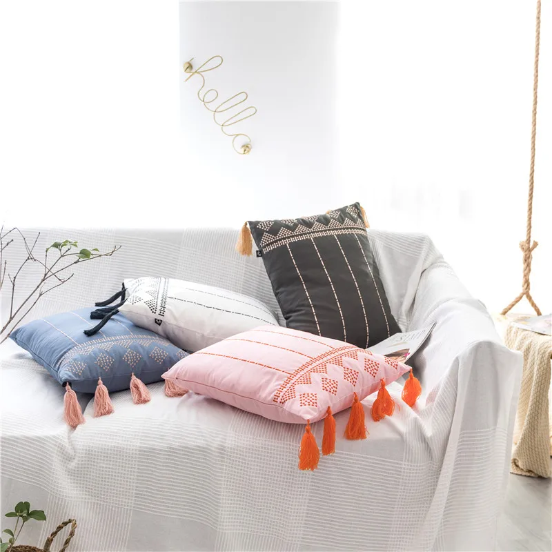 Spring Cushion Cover Pink Blue Black White Home Decorative Embroidery Tassels Pillow Cover for Home Sofa Bed Rectangle 38x48cm