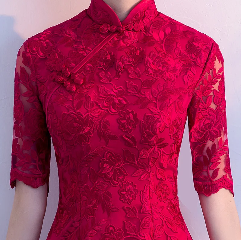 Красное китайское платье с вышивкой Qipao сексуальное Ципао повседневное женское