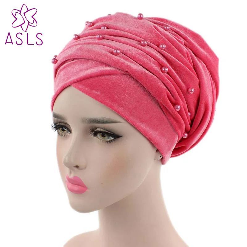 Peach pink Модный бархатный нигерийский длинный Тюрбан повязка на голову с бисером шипованные перламутровые Экстра мусульманские женщины тюрбан голова обертывания хиджаб головной платок - Цвет: Peach pink