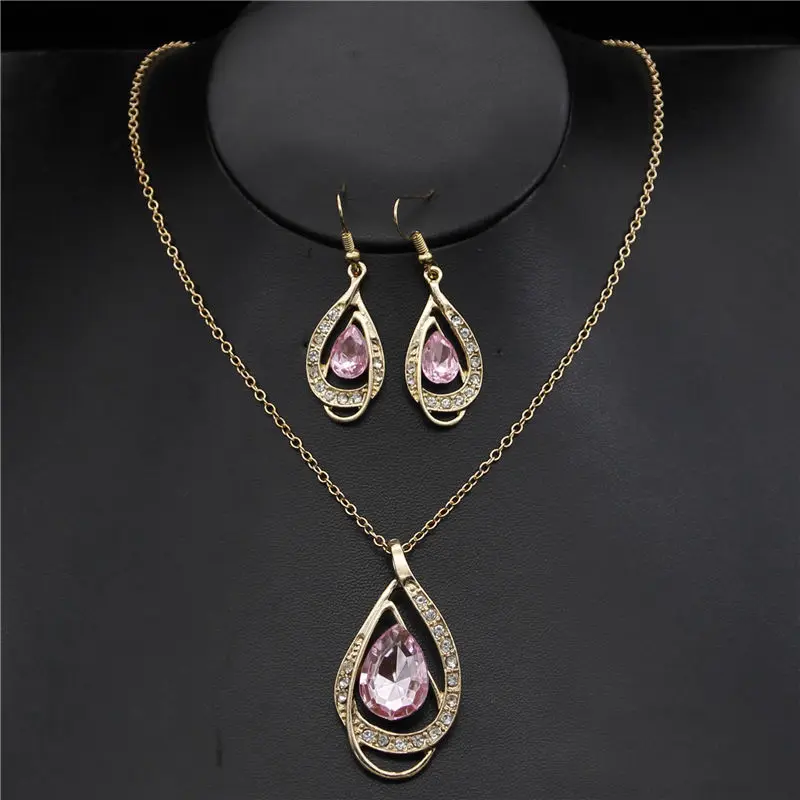 Gold Pink Женская мода подвески ожерелья серьги наборы золотые Стразы Кристалл Свадебные Ювелирные наборы для женщин - Окраска металла: Gold Pink