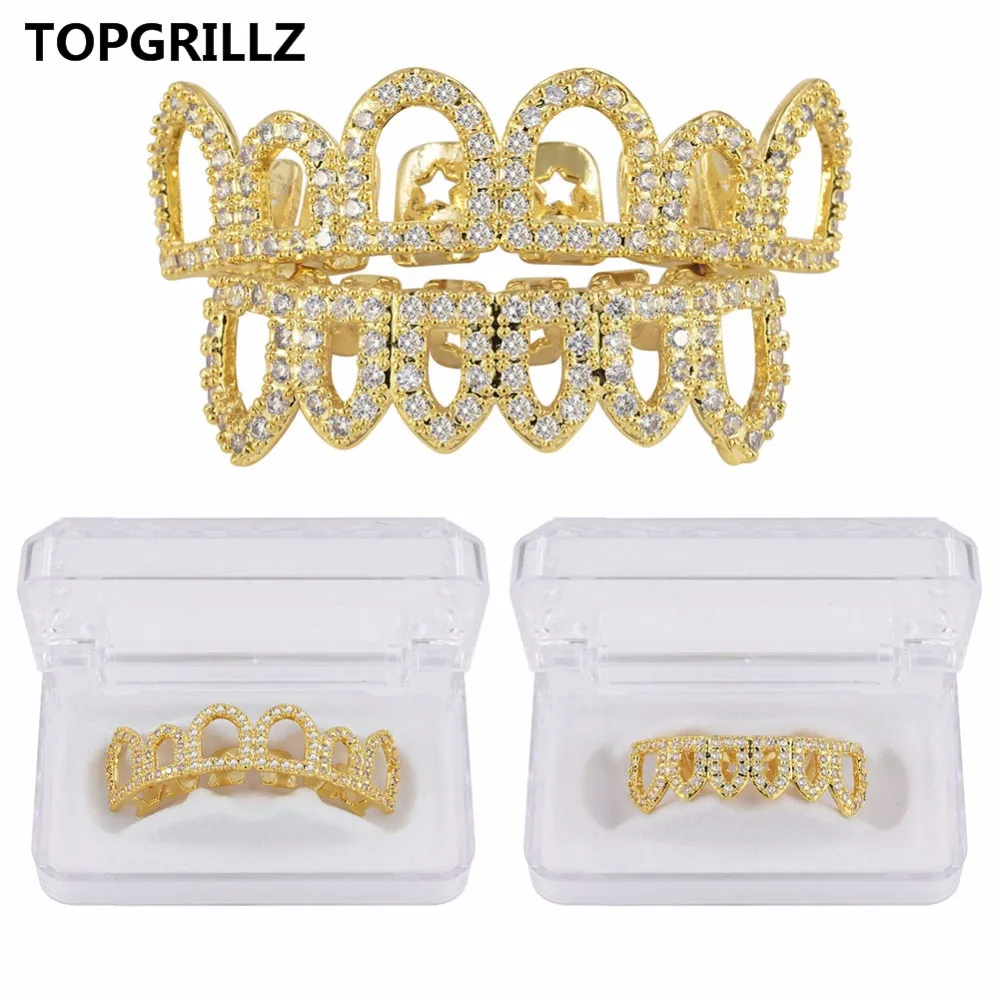 Топ и низ TOPGRILLZ в стиле хип хоп с золотым покрытием отверстиями фианитами микро