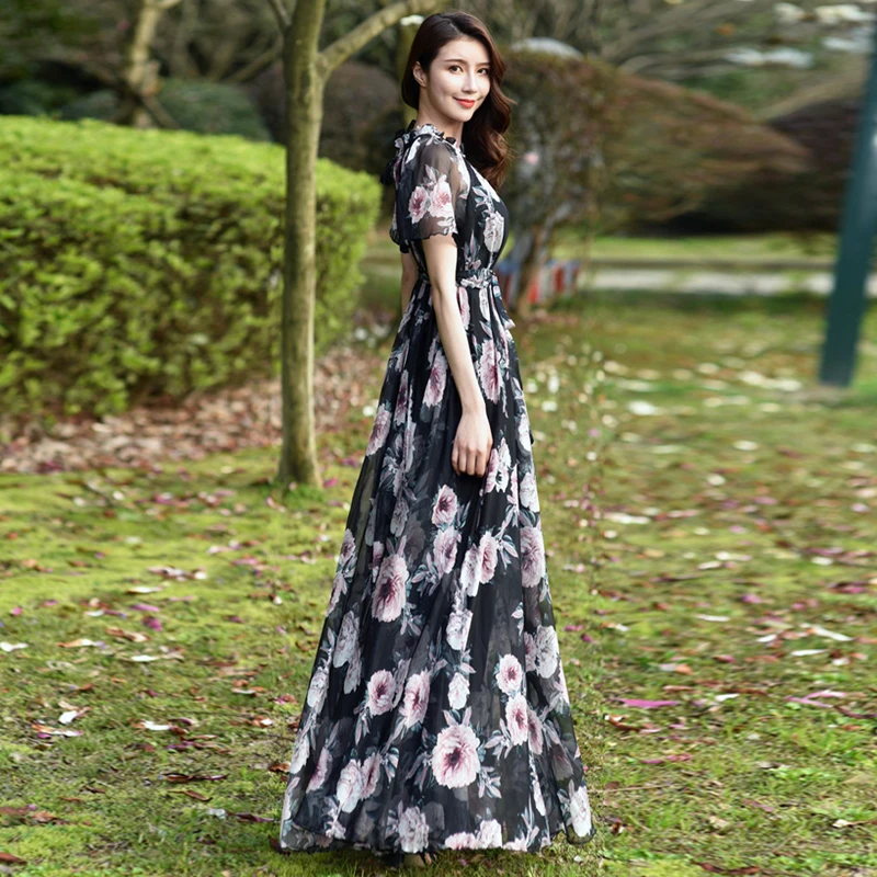 Богемное цветное шифоновое длинное платье макси с цветочным принтом свободное