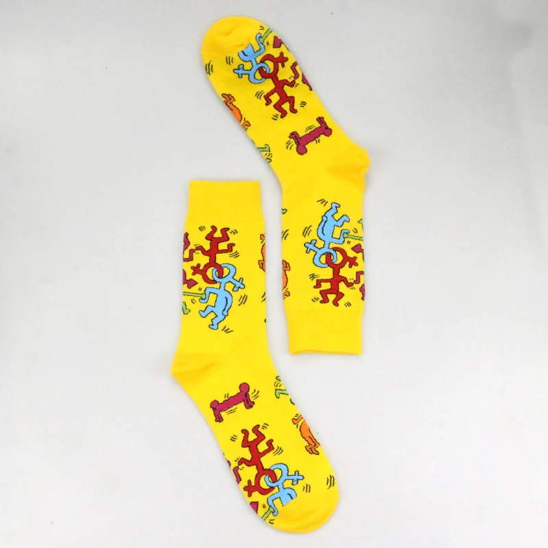 character yellow Кит Харинг, Необычные персонажи, смайлик, цветные, персональные, забавные, для женщин и мужчин, унисекс, носки, счастливые носки, хлопок, удобные носки - Цвет: character yellow