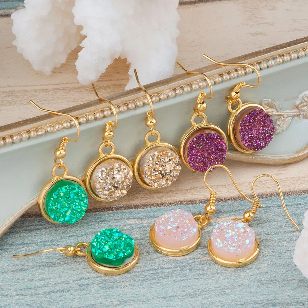 Серьги подвески DoreenBeads ручной работы из смолы Drusy шикарные серьги золотого цвета