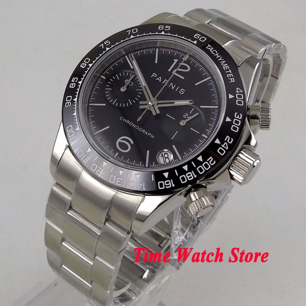 Мужские кварцевые часы PARNIS черные водонепроницаемые со стальным браслетом и