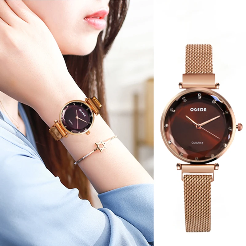 OGEDA женские часы модные роскошные Лидирующий бренд розовое золото стальная сетка
