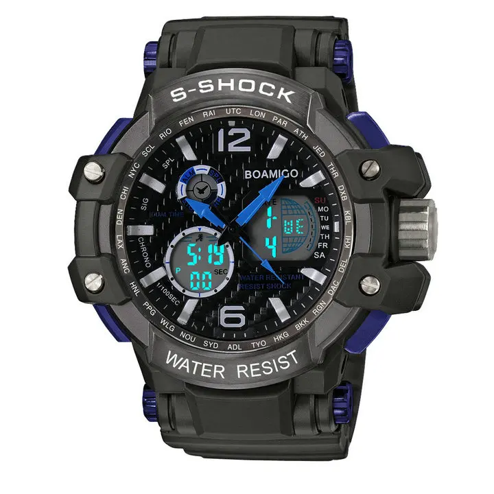 black blue S Shock мужские спортивные часы BOAMIGO брендовые аналоговые цифровые светодиодный электронные кварцевые часы 50 м водонепроницаемые часы для плавания Reloj Hombre - Цвет: black blue