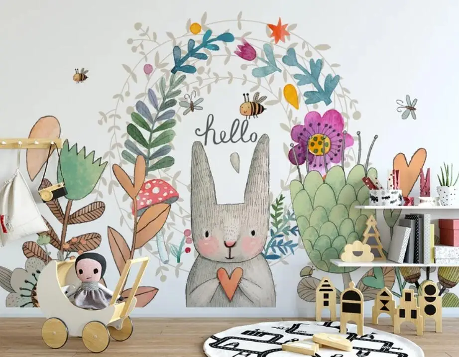 Hand Painted Carton Rabbit Flower Wallpaper Mural for Kids Bedroom Wall Decor Paper Rolls Contact Roll 3d Murals | Обустройство дома
