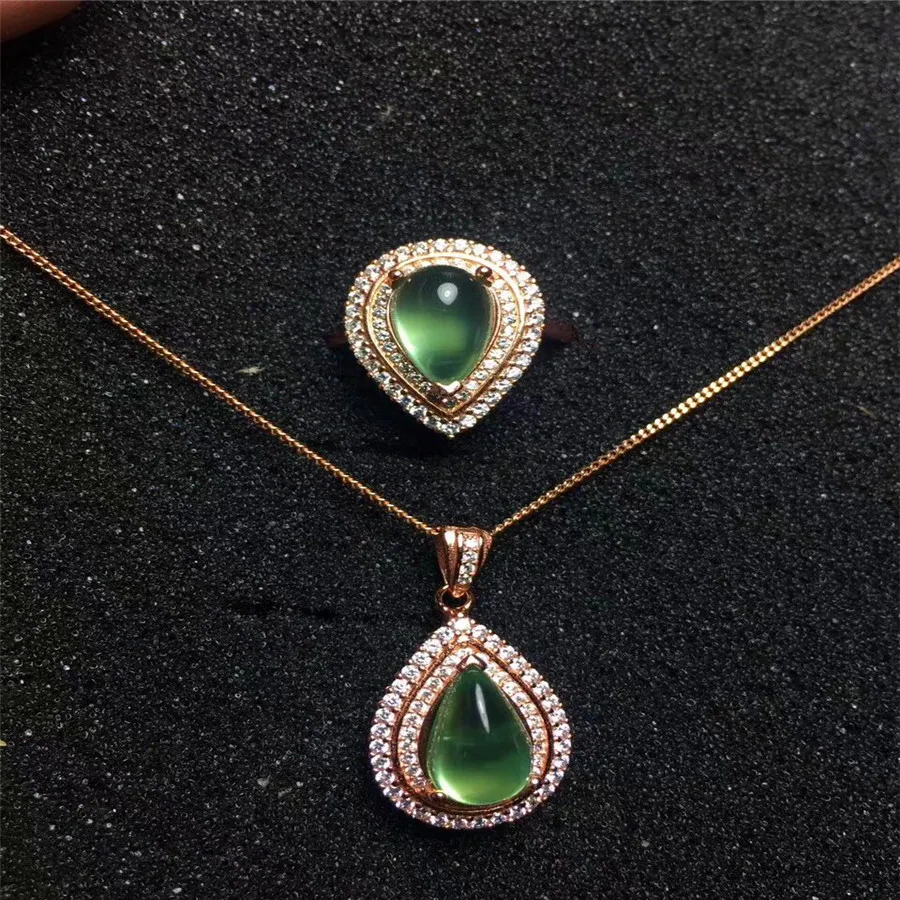 Prehnite 8*12mm jewelry set Natural real prehnite 925 sterling sliver Set include1pc ring,1pc pendant