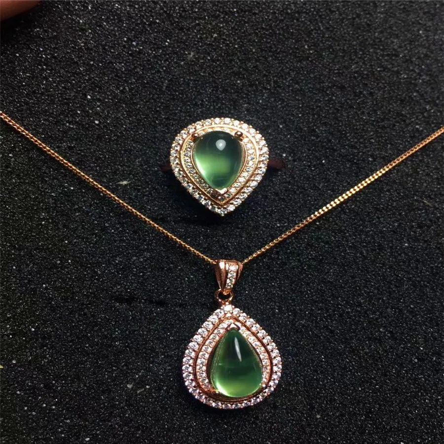 

Prehnite 8*12mm jewelry set Natural real prehnite 925 sterling sliver Set include1pc ring,1pc pendant