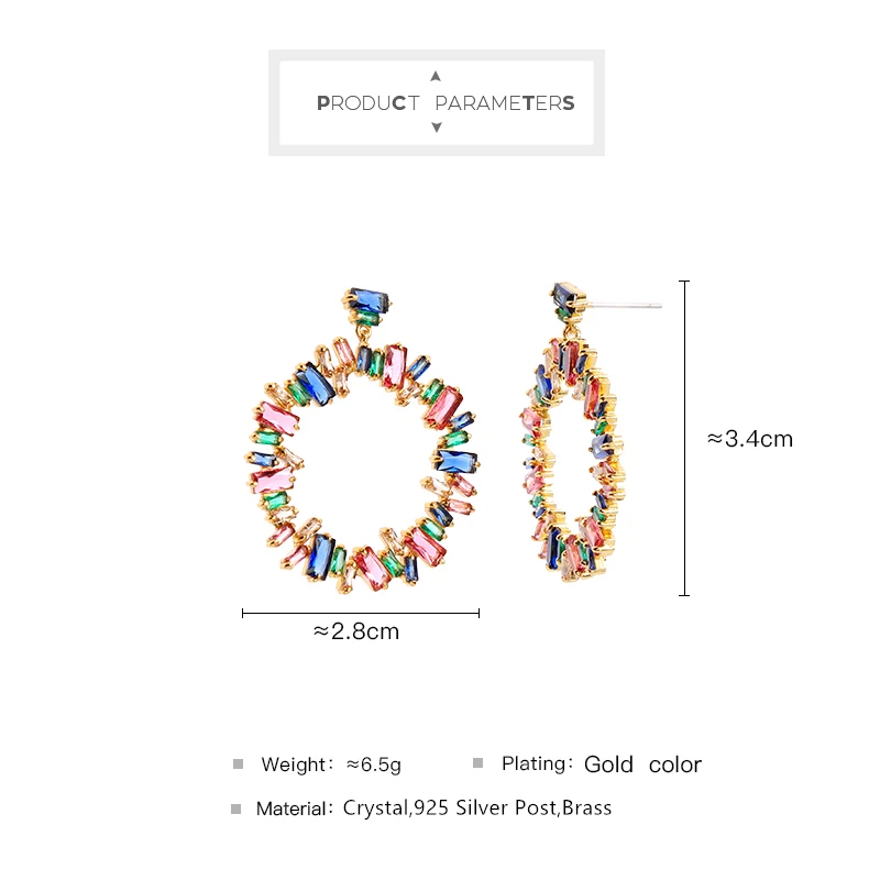 

BALANBIU Exquisite Colorful Crystal Round Circle Drop Earring For Women Gift Gold Color Brass Trendy Jewelry Accessory Wholesale