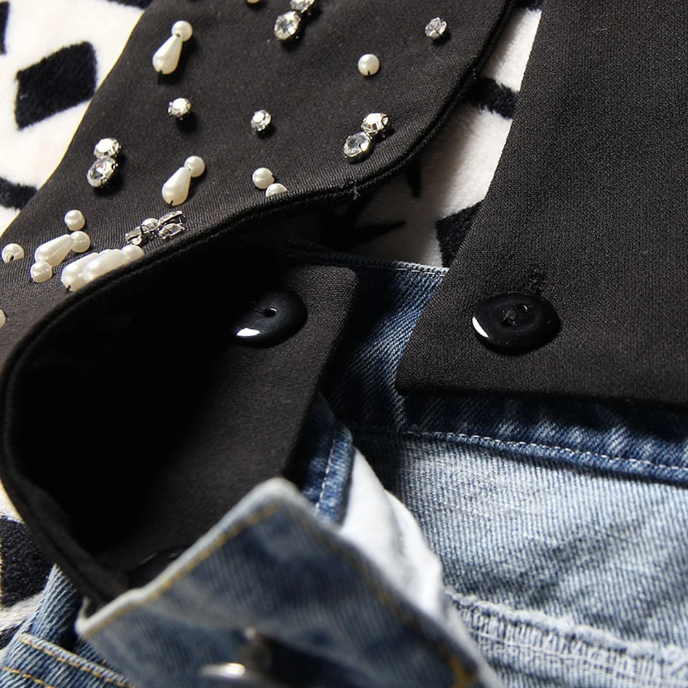 LXUNYI Подиумные джинсы с вышитым бисером поясом женские лоскутные высокой талией