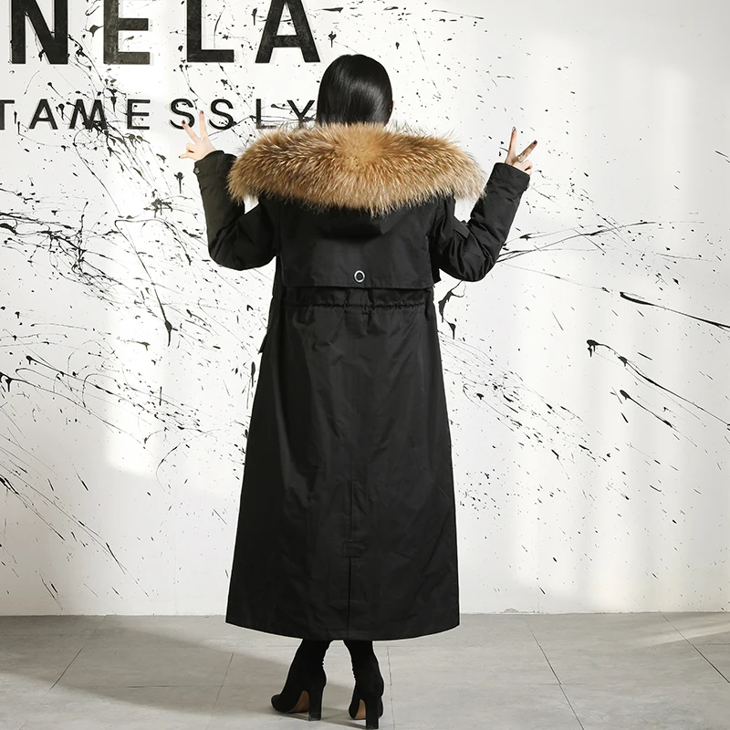 2019 Women Warm Real Fox Fur Coat Jacket Raccoon Fur Collar Natural Parkas Rabbit Fur Liner Coat Parkas Long Outerwear
