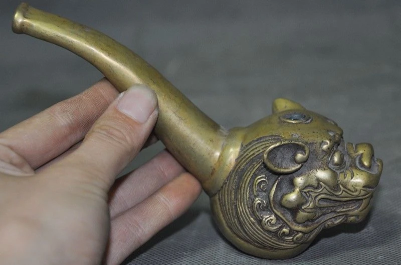 6 &quotстаринная китайская бронза foo Собака Лев Голова зверя статуя табачная трубка