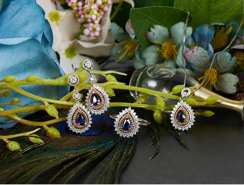 JEWELLWANG Роскошный натуральный голубой сапфир 18 К кольцо из белого золота кольцо с настоящим алмазом для Для женщин белого золота с камнями-каплями воды Кольца с сапфиром